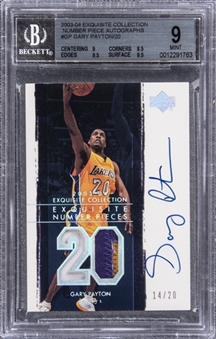 2003-04 UD "Exquisite Collection" Number Piece Autographs #GP Gary Payton Signed Game Used Patch Card (#14/20) – BGS MINT 9/BGS 10